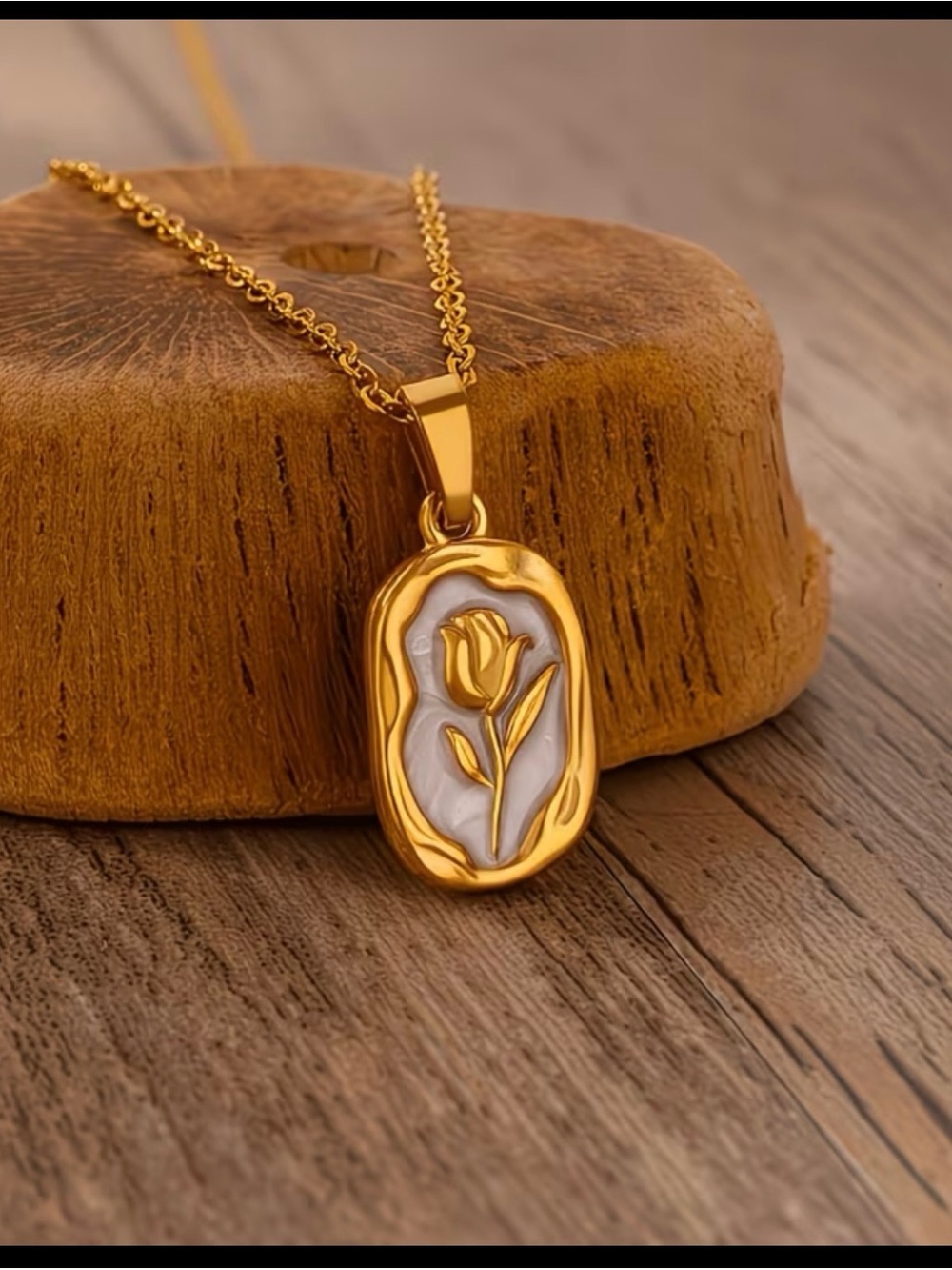 18k Gold plated Tulip Pendant Necklace with White Enamel Inset